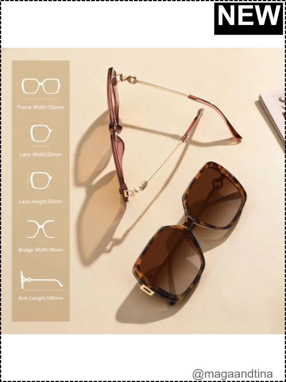 Oversized Square Sunglasses Women Retro Vintage UV Protection Metal Frame